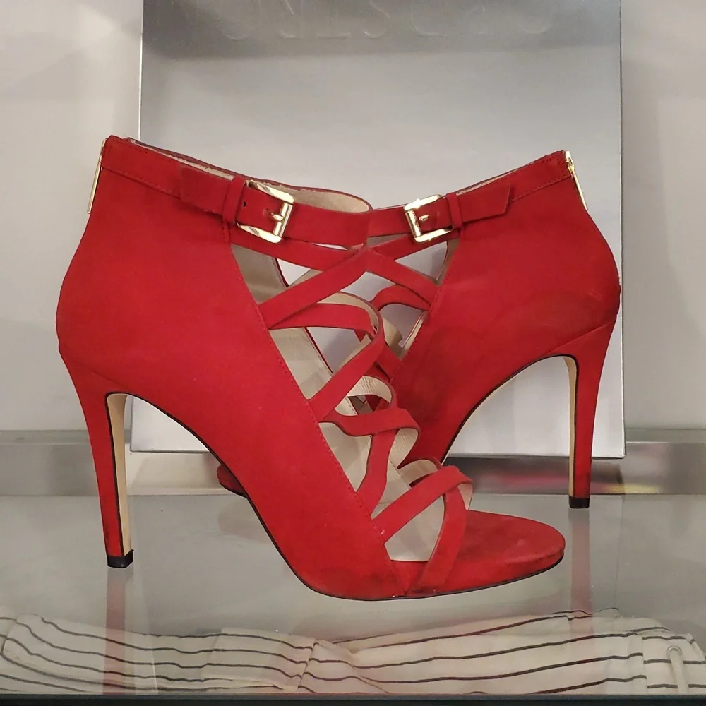 Michael Kors Red Suede Strappy shoe Size 9 With 3.5”. Heel - Picture 5 of 8